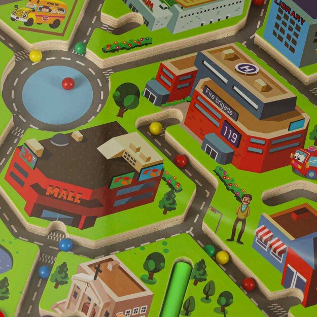 Magnetinis medinės lentos labirinto žaidimas kelionėms dideliame mieste 2 žaidėjams