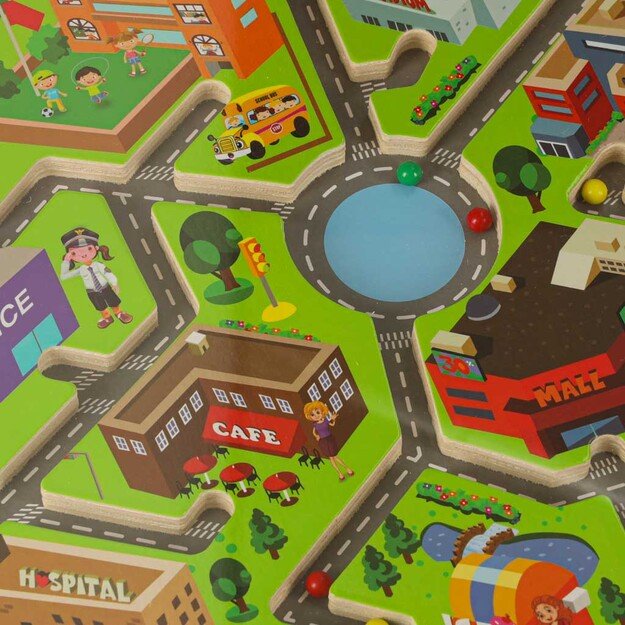 Magnetinis medinės lentos labirinto žaidimas kelionėms dideliame mieste 2 žaidėjams