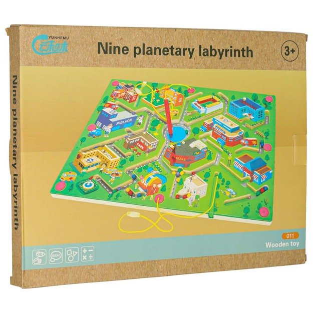 Magnetinis medinės lentos labirinto žaidimas kelionėms dideliame mieste 2 žaidėjams