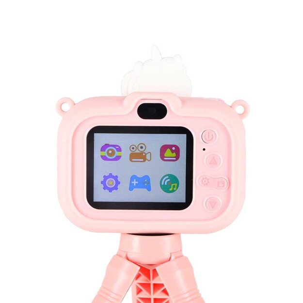 Vaiki&scaron;kas skaitmeninis fotoaparatas ant trikojo vienaragis rožinės spalvos