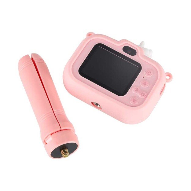 Vaiki&scaron;kas skaitmeninis fotoaparatas ant trikojo vienaragis rožinės spalvos