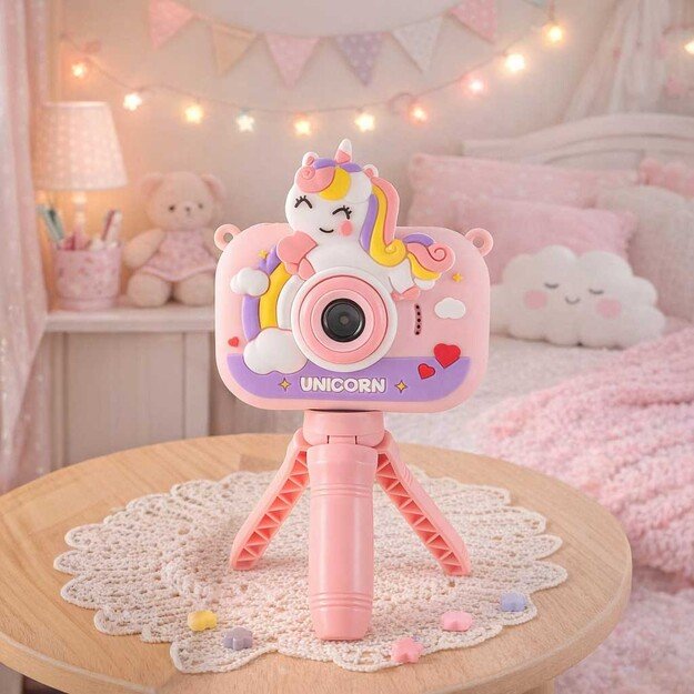 Vaiki&scaron;kas skaitmeninis fotoaparatas ant trikojo vienaragis rožinės spalvos