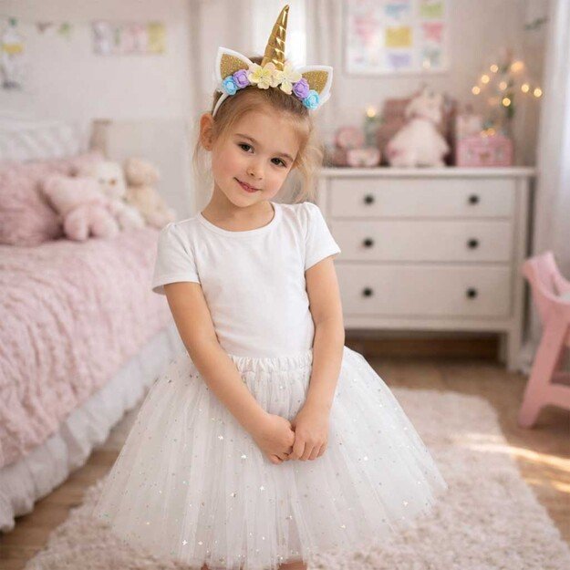 Vienaragio karnavalinis kostiumas galvos apdangalas + sijonas baltas 3-6 metų amžiaus