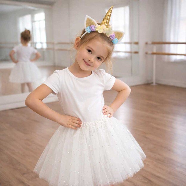 Vienaragio karnavalinis kostiumas galvos apdangalas + sijonas baltas 3-6 metų amžiaus