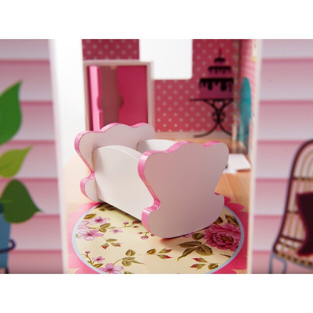 Medinis lėlių namelis su baldais, 70cm, rožinis su LED