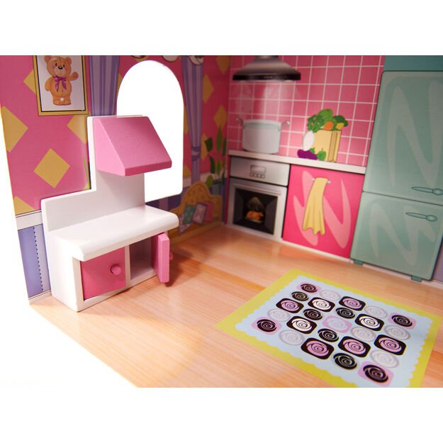 MDF medinis lėlių namelis + baldai 70cm rožinis LED
