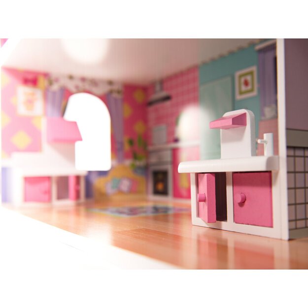 Medinis lėlių namelis su baldais, 70cm, rožinis su LED