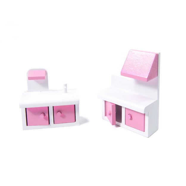 MDF medinis lėlių namelis + baldai 70cm rožinis LED