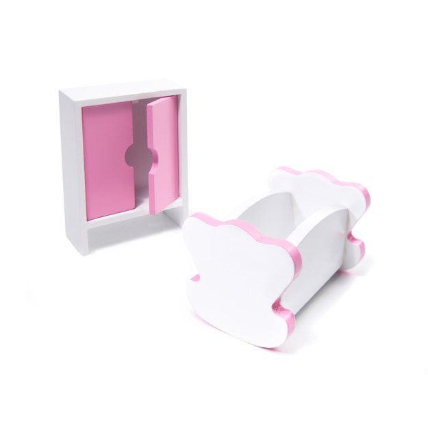 Medinis lėlių namelis su baldais, 70cm, rožinis su LED