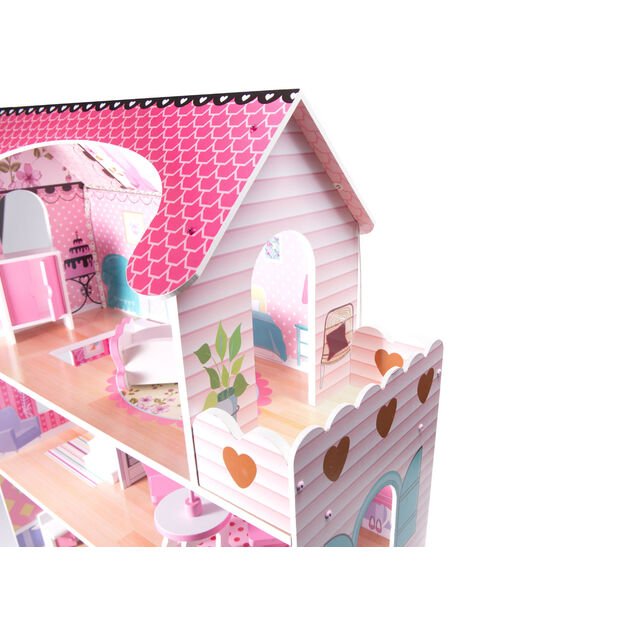 Medinis lėlių namelis su baldais, 70cm, rožinis su LED