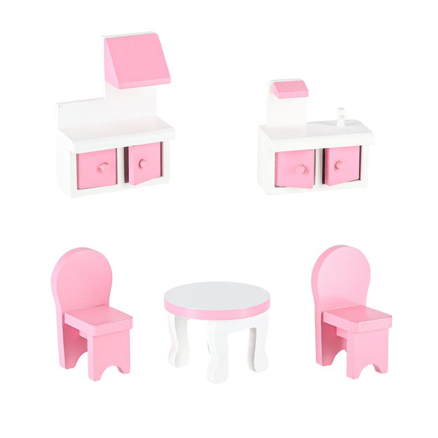 Medinis lėlių namelis su baldais, 70cm, rožinis su LED