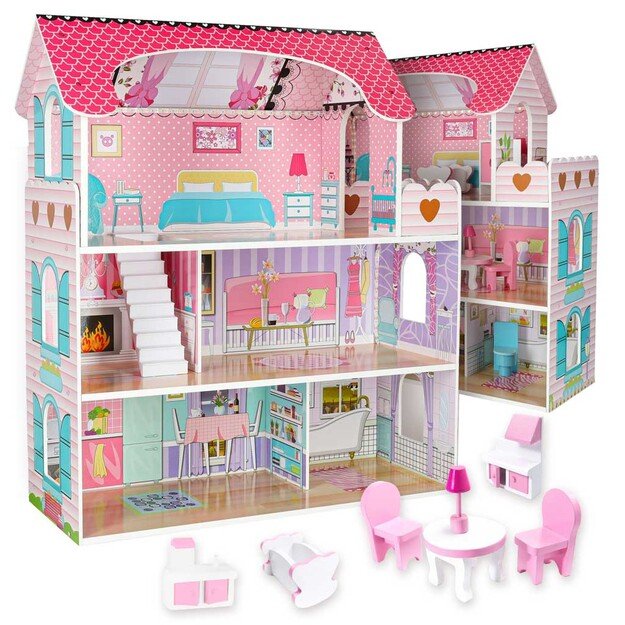 Medinis lėlių namelis su baldais, 70cm, rožinis su LED