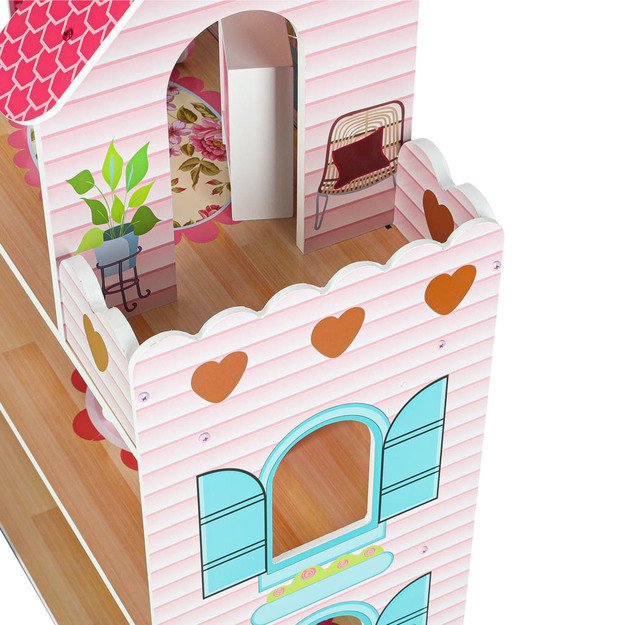 Medinis lėlių namelis su baldais, 70cm, rožinis su LED