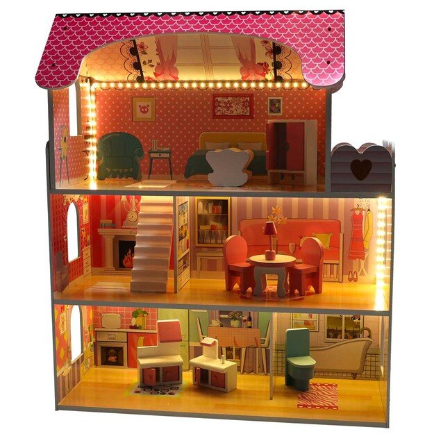 Medinis lėlių namelis su baldais, 70cm, rožinis su LED