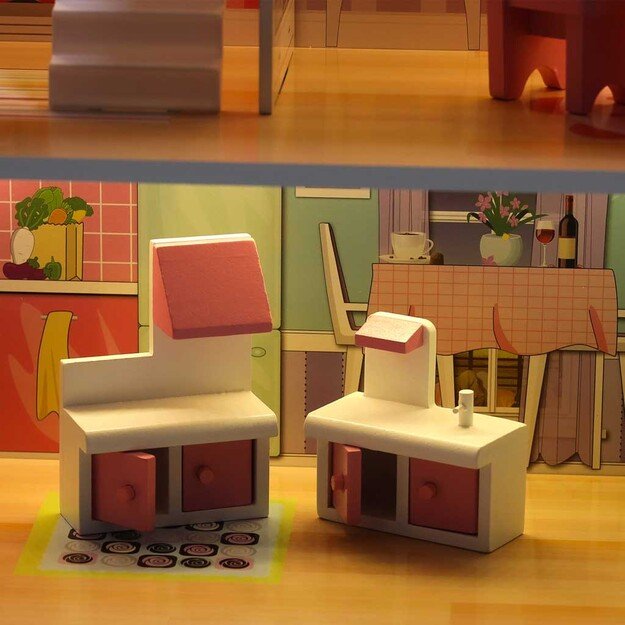 Medinis lėlių namelis su baldais, 70cm, rožinis su LED