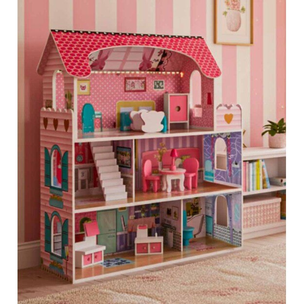 Medinis lėlių namelis su baldais, 70cm, rožinis su LED