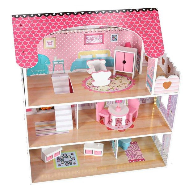 Medinis lėlių namelis su baldais, 70cm, rožinis su LED