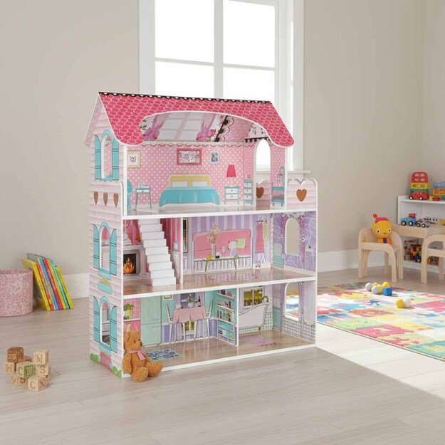 Medinis lėlių namelis su baldais, 70cm, rožinis su LED