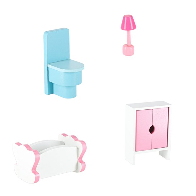 Medinis lėlių namelis su baldais, 70cm, rožinis su LED