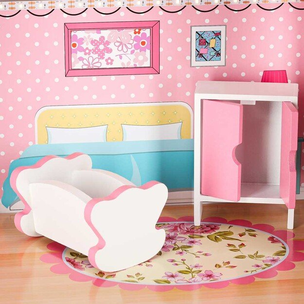 Medinis lėlių namelis su baldais, 70cm, rožinis su LED