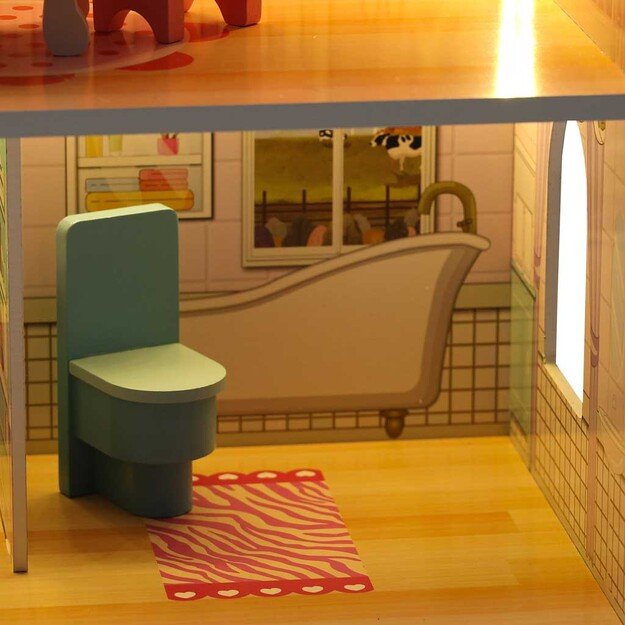 Medinis lėlių namelis su baldais, 70cm, rožinis su LED