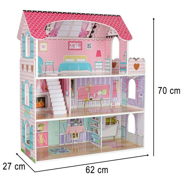 Medinis lėlių namelis su baldais, 70cm, rožinis su LED