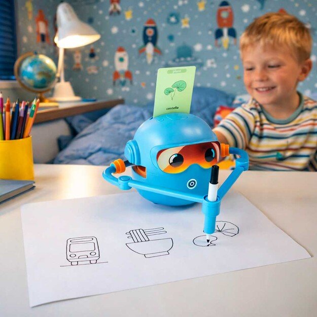 Interaktyvus mokomasis robotas-žaislas, mokantis pie&scaron;ti flomasteriais mėlynos spalvos