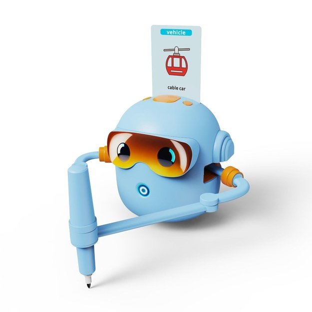 Interaktyvus mokomasis robotas-žaislas, mokantis piešti flomasteriais mėlynos spalvos