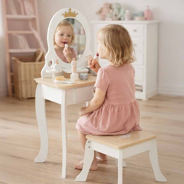Vaikiškas medinis tualetinis staliukas su priedais baltos spalvos
