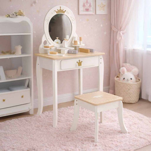 Vaikiškas medinis tualetinis staliukas su priedais baltos spalvos