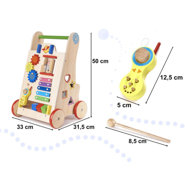 Vaikiškas medinis stumdukas, vežimėlis 6in1