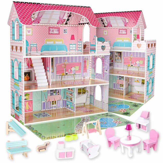 Lulilo Gardeno medinis lėlių namelis su sodo baldais 70 cm rožinis LED
