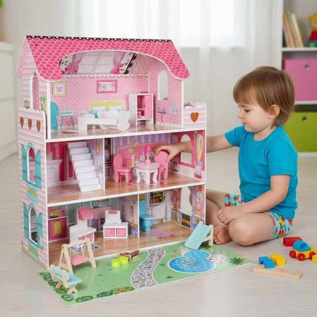 Lulilo Gardeno medinis lėlių namelis su sodo baldais 70 cm rožinis LED