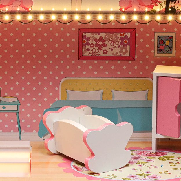 Lulilo Gardeno medinis lėlių namelis su sodo baldais 70 cm rožinis LED