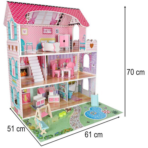 Lulilo Gardeno medinis lėlių namelis su sodo baldais 70 cm rožinis LED