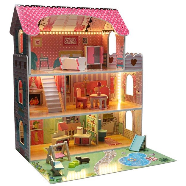 Lulilo Gardeno medinis lėlių namelis su sodo baldais 70 cm rožinis LED