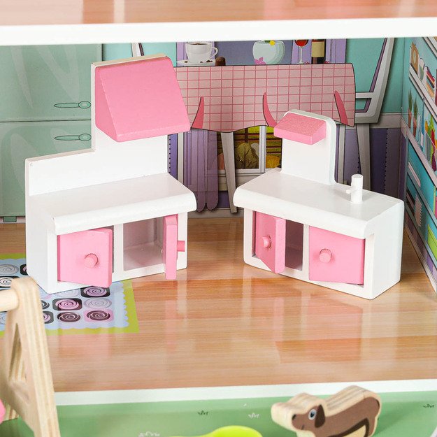 Lulilo Gardeno medinis lėlių namelis su sodo baldais 70 cm rožinis LED