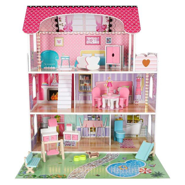Lulilo Gardeno medinis lėlių namelis su sodo baldais 70 cm rožinis LED