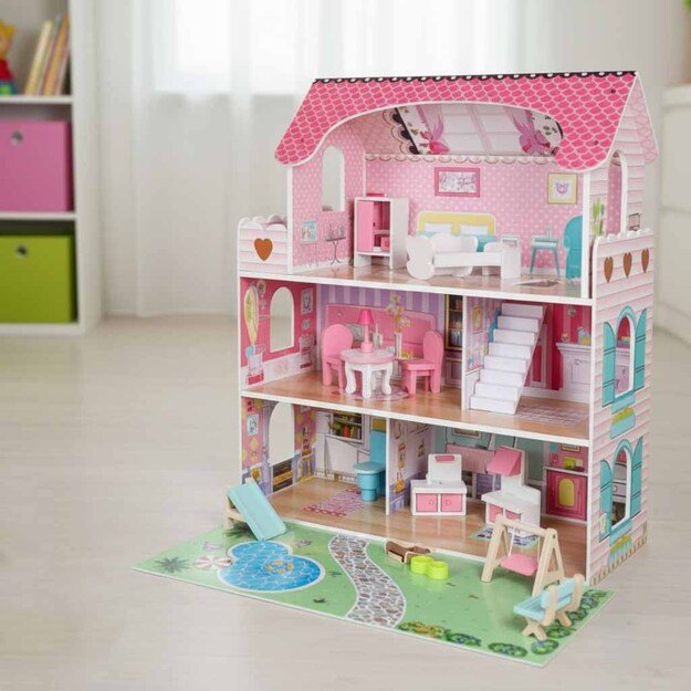 Lulilo Gardeno medinis lėlių namelis su sodo baldais 70 cm rožinis LED