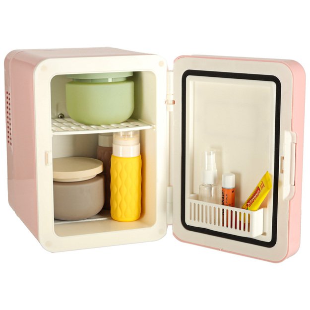 Kelionės elektrinis automobilinis mini &scaron;aldytuvas maistui, kosmetikai, &scaron;ildymui, &scaron;aldymui 2in1 4L rožinės spalvos