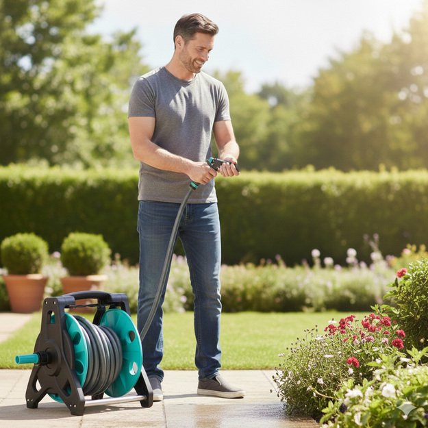 Sodo žarna ant ritės stovo LUARO purk&scaron;tuvo pistoleto įtraukiklis 30 m