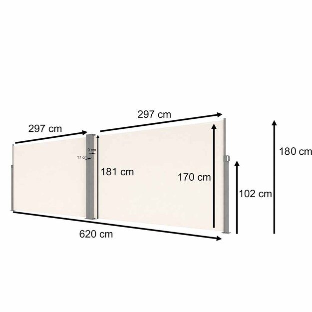 LUARO kampinė &scaron;oninė terasos markizė su i&scaron;traukiamu ekranu 180 x 620 cm, smėlio spalvos