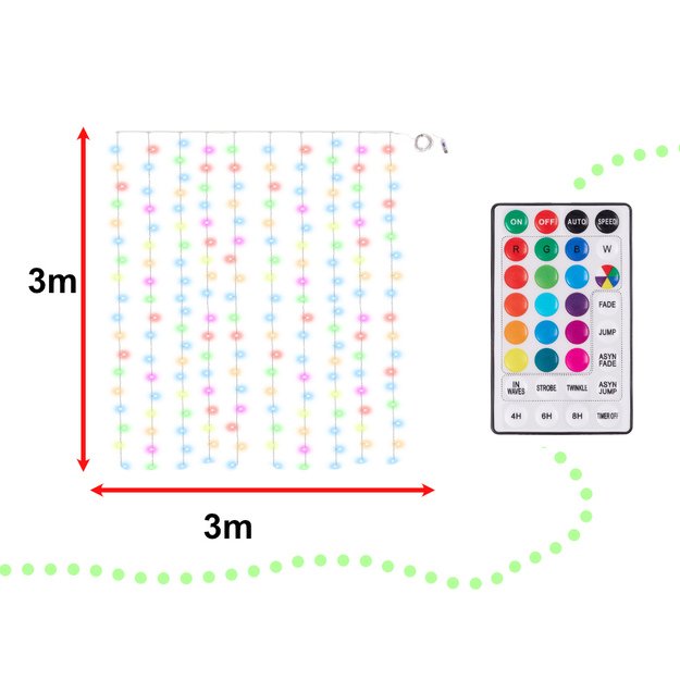 LED žibintai Vestuvių dekoracijos 3x3m 200LED USB + nuotolinio valdymo pultas 16 spalvų su atmintimi