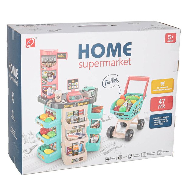 Vaikiška parduotuvė su kasos aparatu, vežimėliu ir priedais