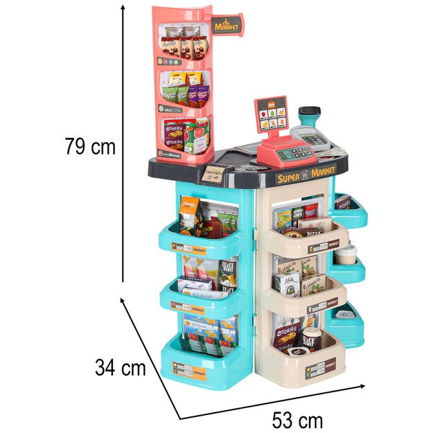 Vaikiška parduotuvė su kasos aparatu, vežimėliu ir priedais