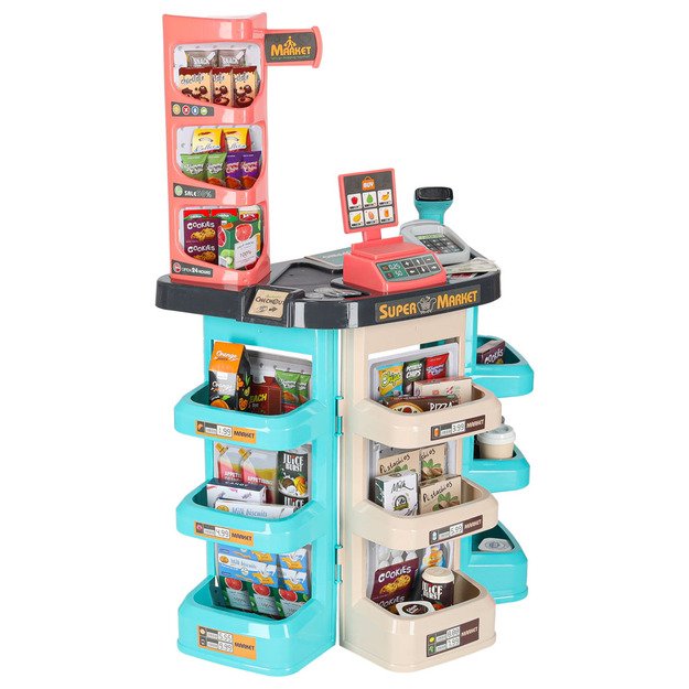 Vaikiška parduotuvė su kasos aparatu, vežimėliu ir priedais