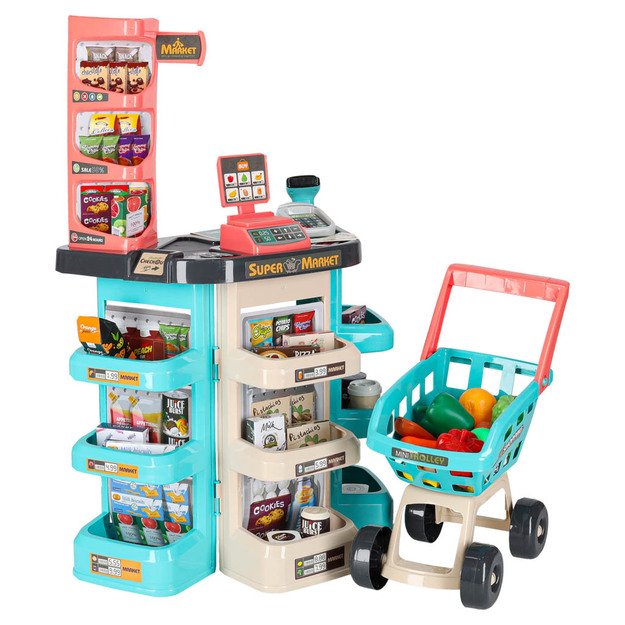 Vaikiška parduotuvė su kasos aparatu, vežimėliu ir priedais