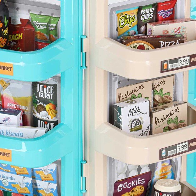 Vaikiška parduotuvė su kasos aparatu, vežimėliu ir priedais