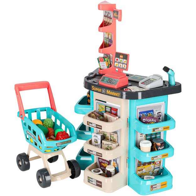 Vaikiška parduotuvė su kasos aparatu, vežimėliu ir priedais
