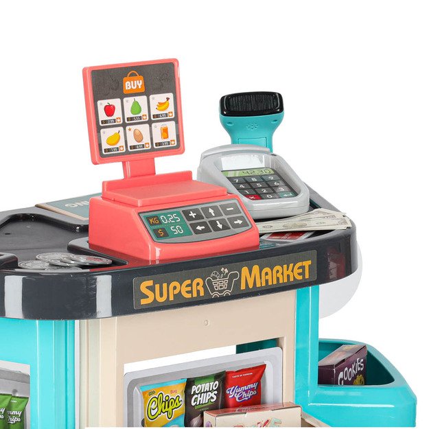 Vaikiška parduotuvė su kasos aparatu, vežimėliu ir priedais